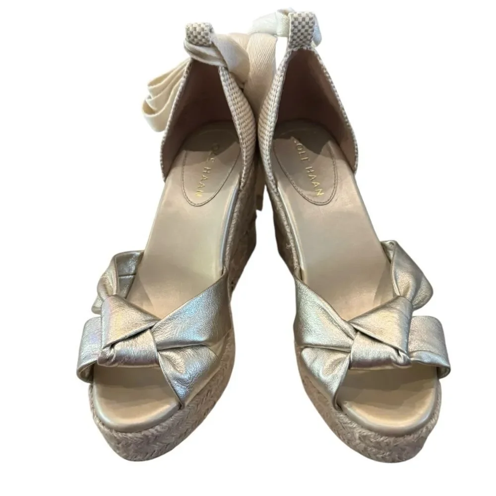 Cole Haan Women's Cloudfeel Hampton Ankle Tie Gold Natural Wedge Sandals 7.5